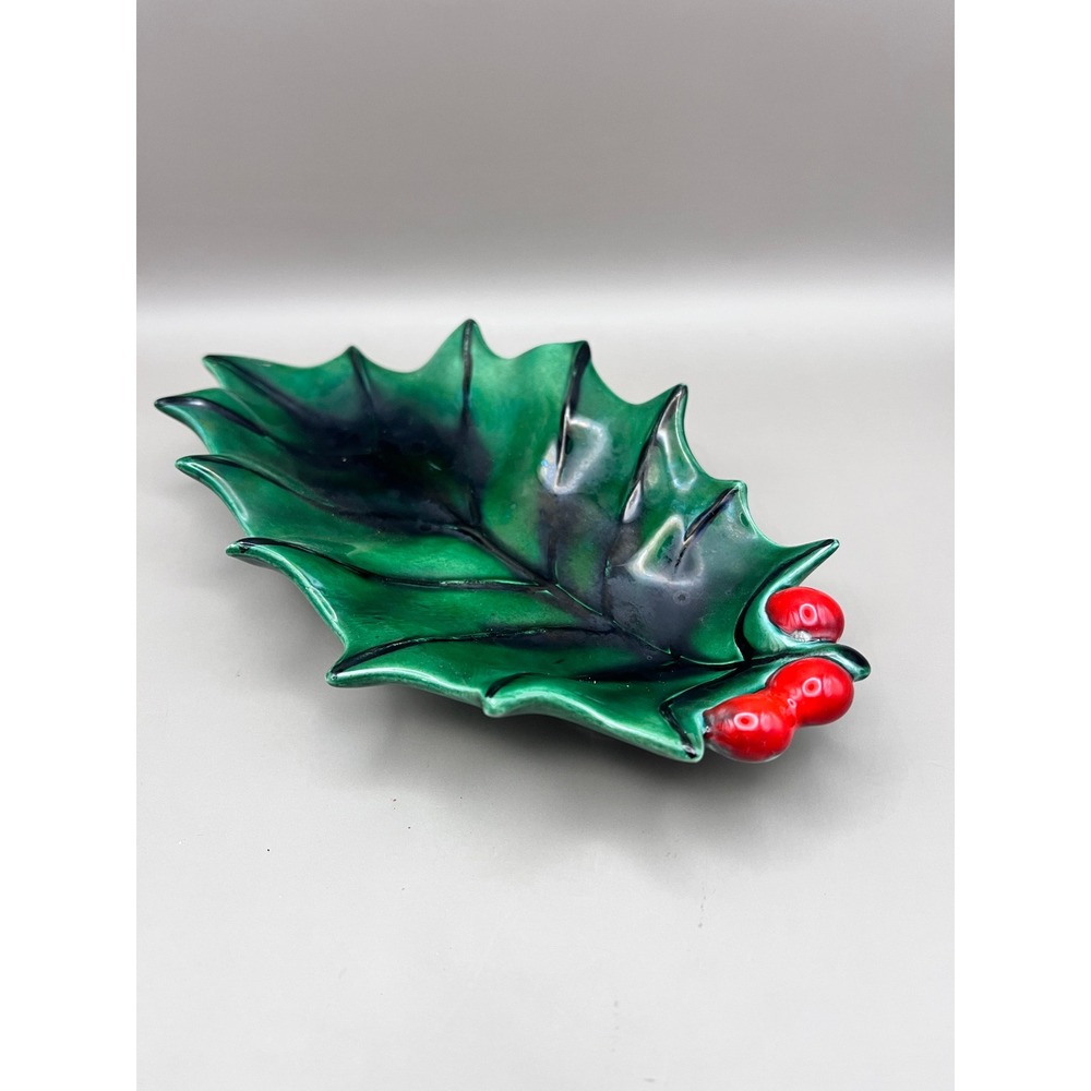 Vtg‎ Holland Mold Ceramic Holly Leaf Dish Green Red Berries Christmas 8" Decor